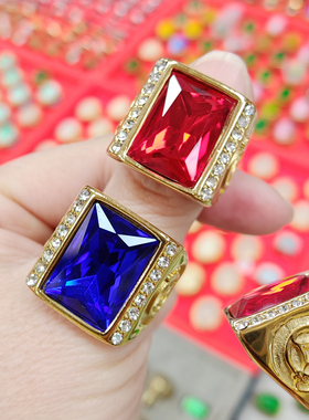 招财红宝石男款戒指简约大气黄铜18K托男士方形老板戒送长辈礼物