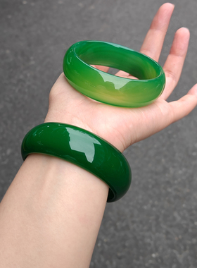 一物一图加宽版手镯绿玛瑙宽版镯子送妈妈玉镯菠菜绿缠丝纹镯子