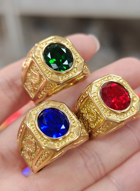 双龙霸气戒指男款红蓝绿宝石戒指男士锆石食指戒老板戒送长辈礼物