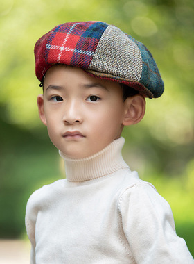 英国原产哈里斯粗花呢秋冬儿童贝雷帽文艺复古画家帽男女拼色保暖