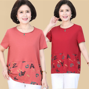 韩版 夏装 宽松洋气拼接印花上衣 t恤女2024年新款 中年妈妈纯棉短袖