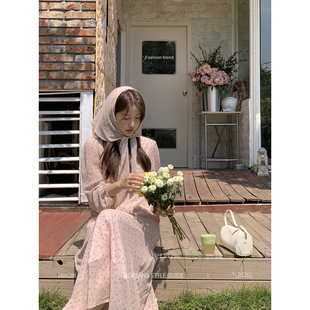 温柔风v领收腰显瘦雪纺长裙子 碎花连衣裙女法式 Miao 春日粉黛