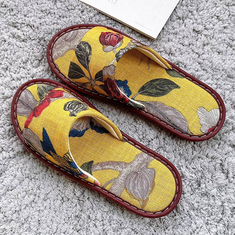 夏季中式印花亚麻凉拖鞋女室内情侣防滑牛筋底家居家棉麻拖鞋男士