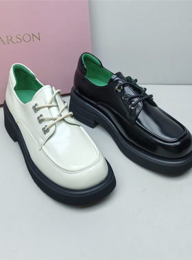 Harson/哈森正品撤柜时尚英伦风圆头粗跟厚底舒适系带牛漆皮女鞋