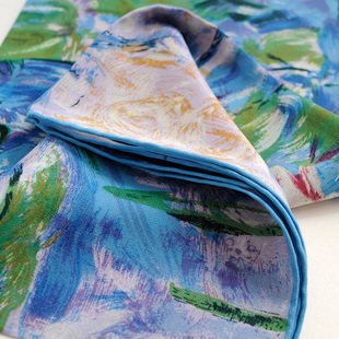 双绉真丝绸丝巾纯桑蚕丝90cm大方巾围巾披肩春秋领巾女头巾睡莲蓝