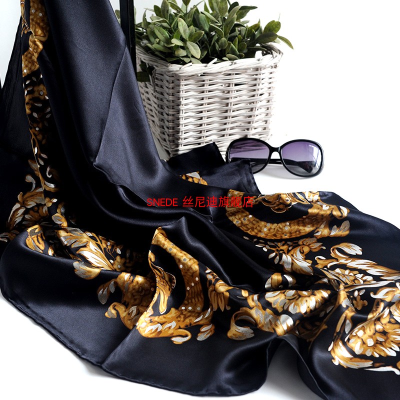 重磅绸缎面真丝桑蚕丝烫金大方巾女士围巾披肩丝巾春秋领巾女金色