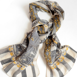 真丝羊毛围巾丝毛长款披肩春秋冬季桑蚕丝巾薄围脖领巾女米灰黄色