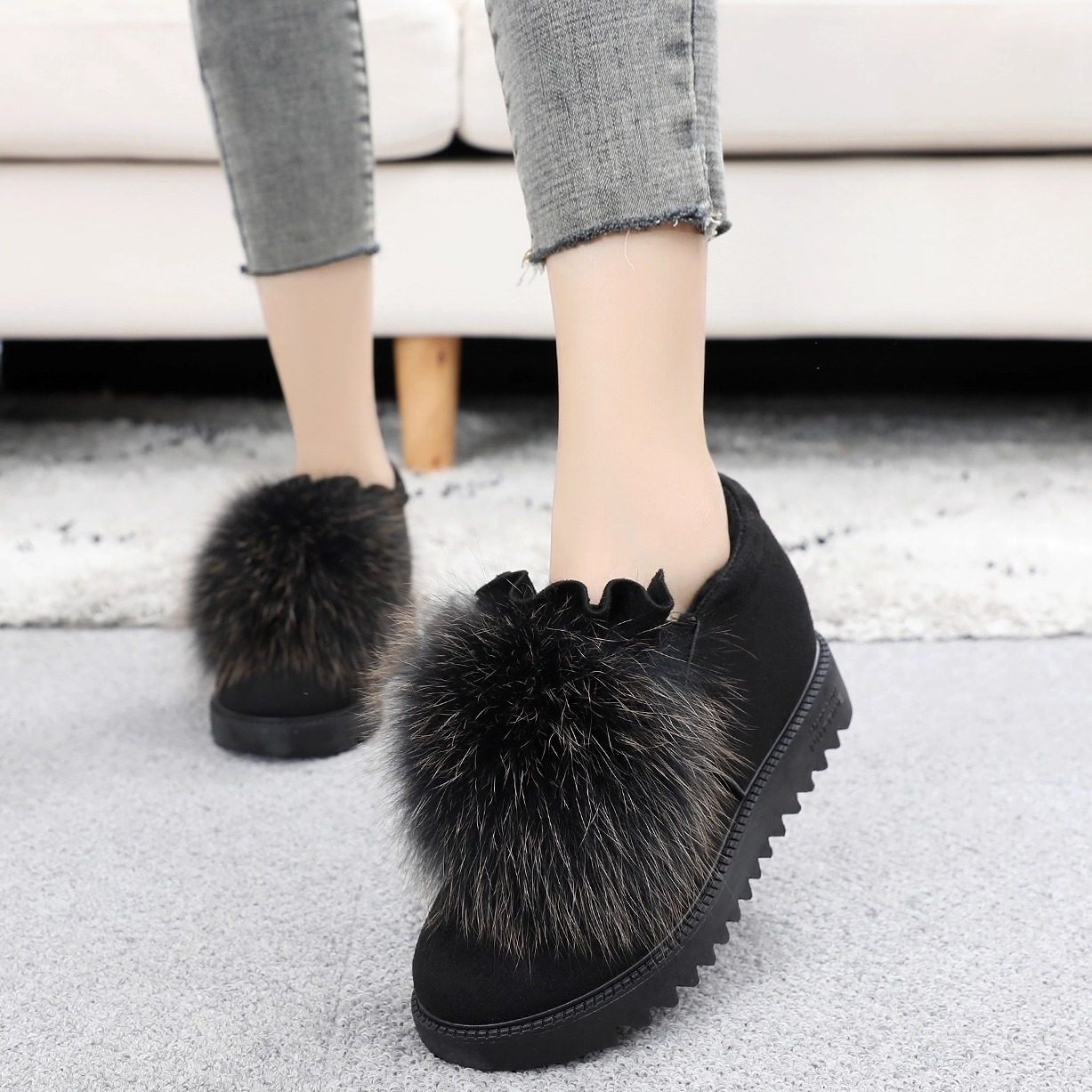 内增高毛毛鞋女加绒保暖外穿豆豆鞋厚底一脚蹬女士雪地靴冬季棉鞋,女鞋,乐福鞋（豆豆鞋）,淘宝优惠券,粉丝福利购,淘宝优惠卷