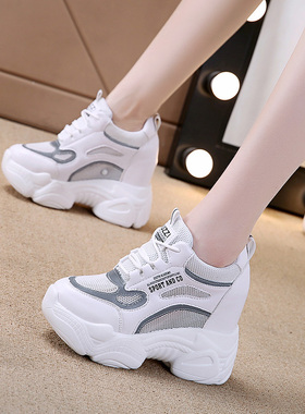 夏季厚底内增高女鞋圆头系带休闲超高跟12cm松糕鞋白色女厚底单鞋