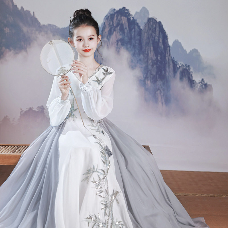 女童雪纺中国风古筝演出礼服
