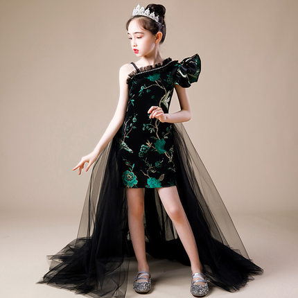 女童中国风旗袍黑色拖尾礼服儿童公主裙高端洋气走秀演出服装国潮