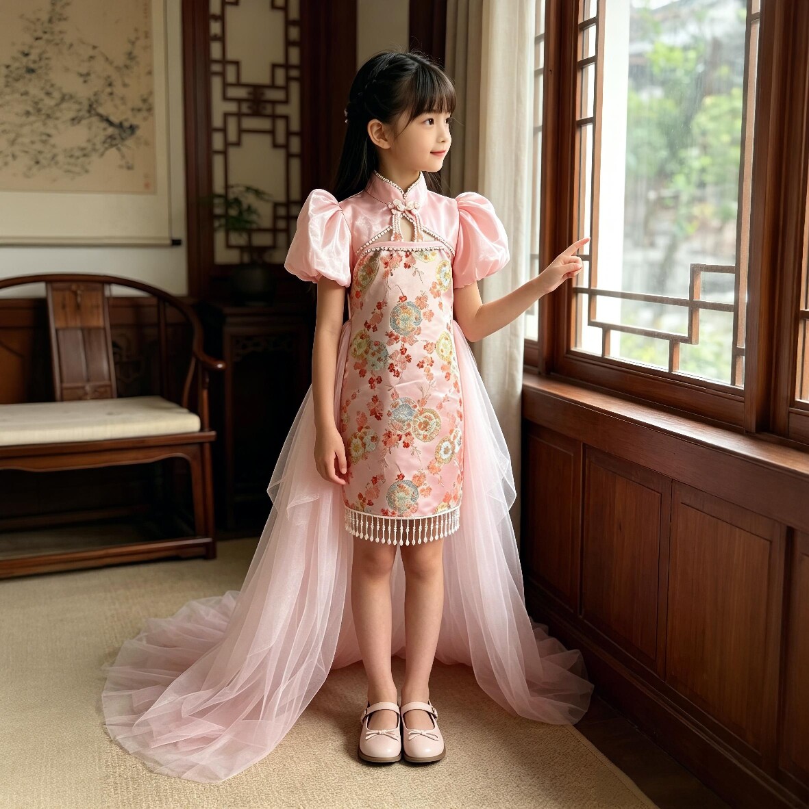 中国风粉色旗袍改良拖尾女童礼服