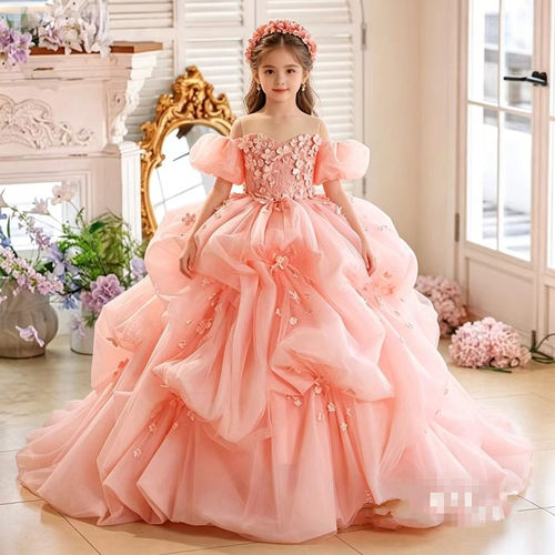 女童生日礼服儿童粉色拖尾公主裙