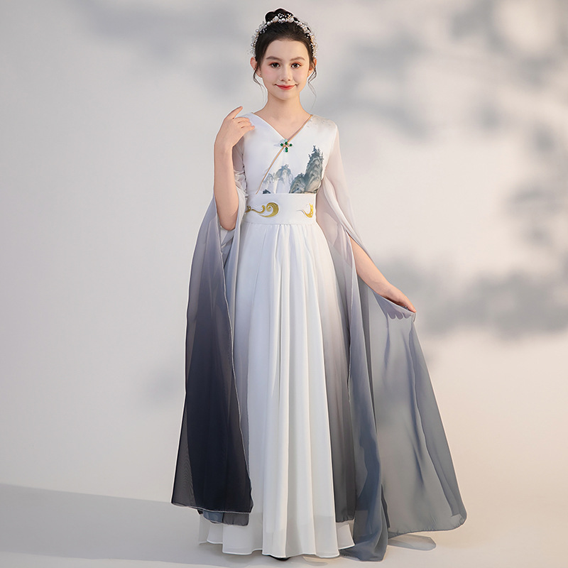 女童古筝演出服中国风水墨画民乐演奏表演服儿童古典舞比赛礼服