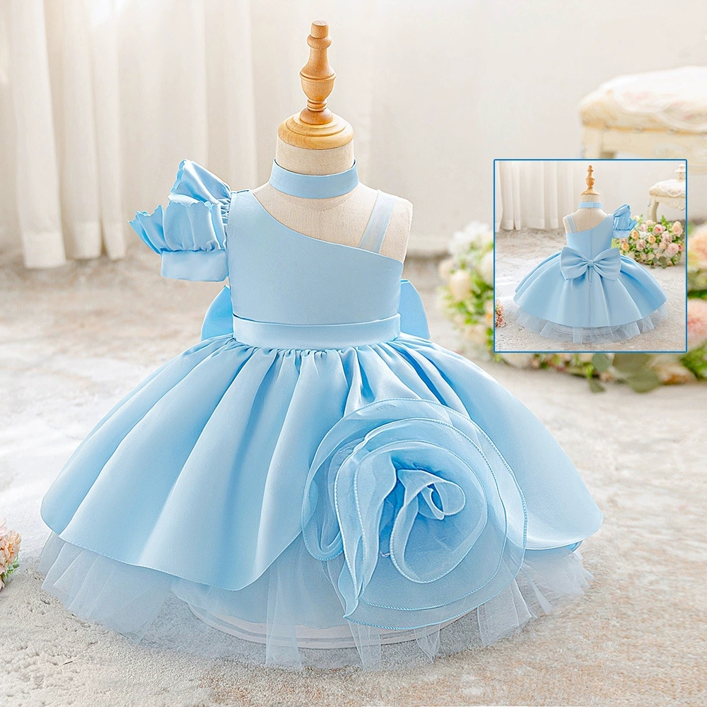 女童生日礼服公主裙蓝色缎面