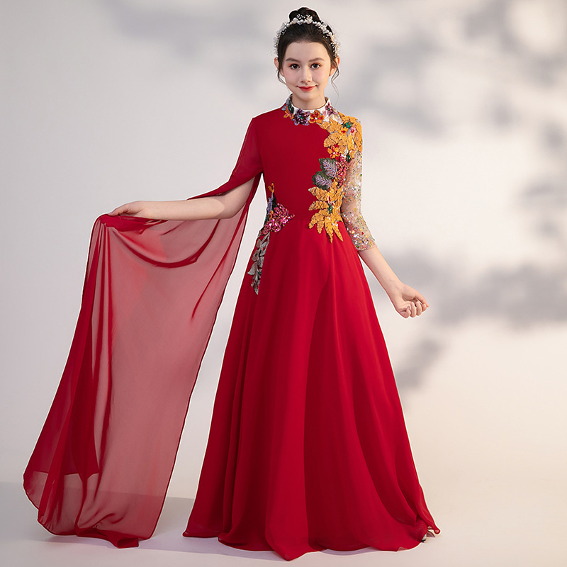 儿童古筝演出服中国风红色舞台民乐二胡艺考礼服女童古典舞表演