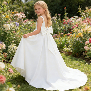 女童礼服白色拖尾大童缎布无袖公主裙儿童小主持钢琴高端演出服装