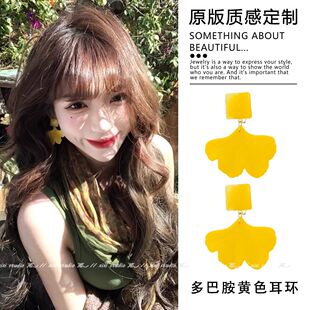夸张黄色银杏叶耳钉多巴胺花朵耳环度假绝美耳饰耳夹无耳洞