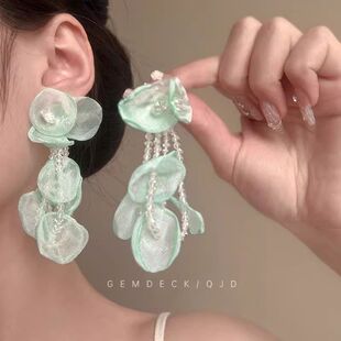 超仙薄荷绿欧根纱耳夹无耳洞花朵流苏耳钉海边度假风夸张耳环耳饰