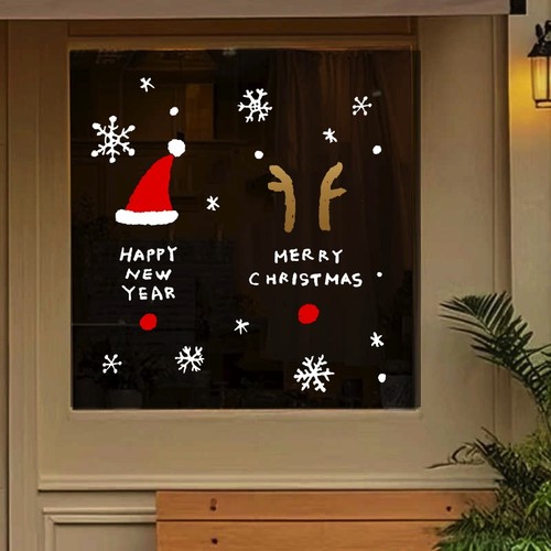 圣诞帽节日商场餐厅店铺橱窗墙贴新年玻璃门贴雪花装饰品马年贴画