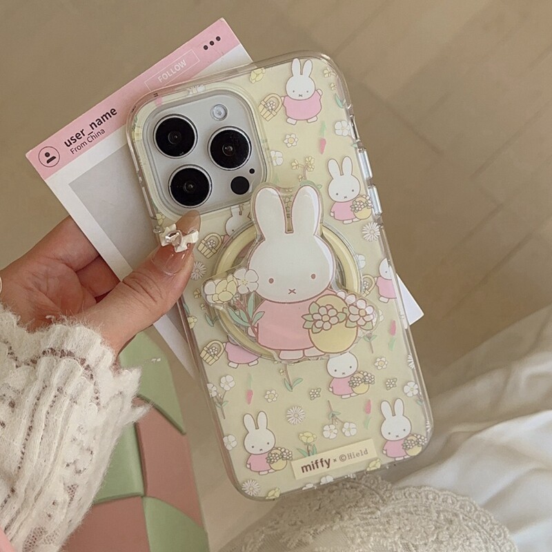 淡黄底花朵可爱兔子支架适用苹果17pro磁吸手机壳iphone15pro气囊保护套14甜美13新款16promax创意12防摔外壳
