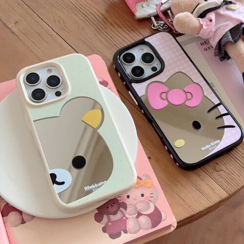 韩风INS镜面轻松熊猫适用苹果16promax手机壳iPhone15pro新款创意硬日软边14pro防摔保护套13闺蜜款17全包
