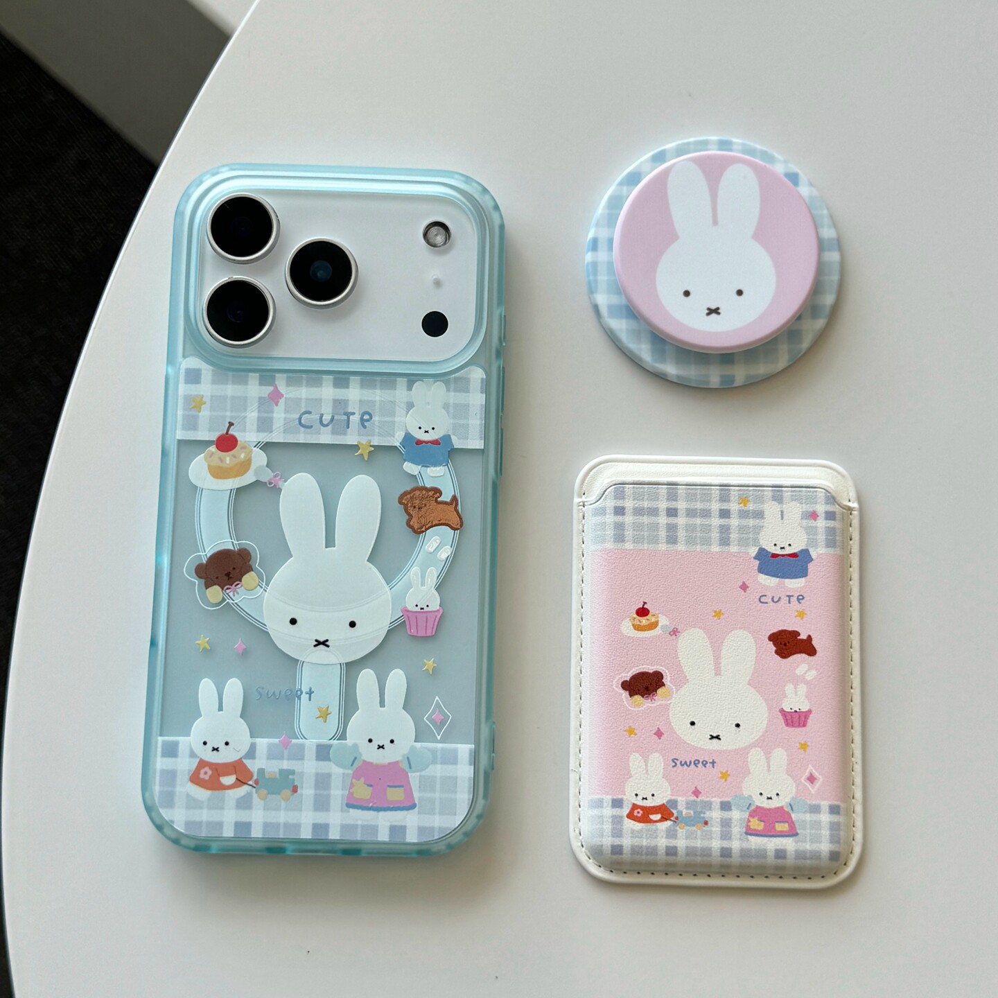 可爱格纹米菲兔半透磨砂适用苹果17ProMax手机壳iPhone16带支架14涂鸦13手绘小清新保护套15pro插卡卡包