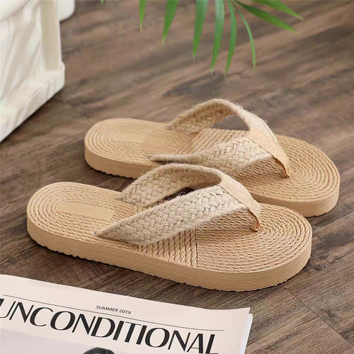 新款仿麻草编人字拖鞋女夏季情侣外穿潮流夹脚女拖傣族平底男拖鞋