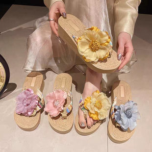 仙女风花朵厚底傣族樱花红凉拖鞋 纳时尚 子 西双版 坡跟人字拖女夏季