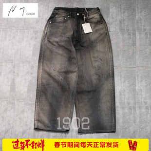 现货 ANCELLM 24AW AGING WIDE DENIM 5P 水洗做旧宽松阔腿牛仔裤