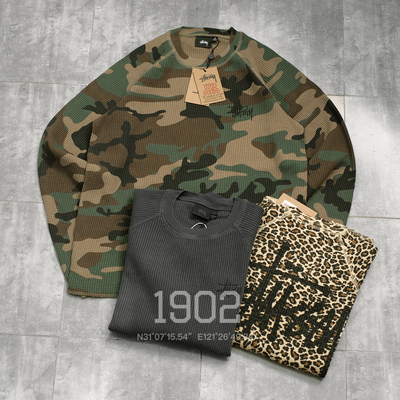 现货STUSSY华夫格豹纹迷彩长袖