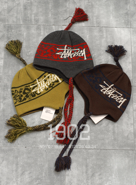 现货 STUSSY HAWAIIAN EARFLAP BEANIE 花卉针织保暖护耳帽 冷帽