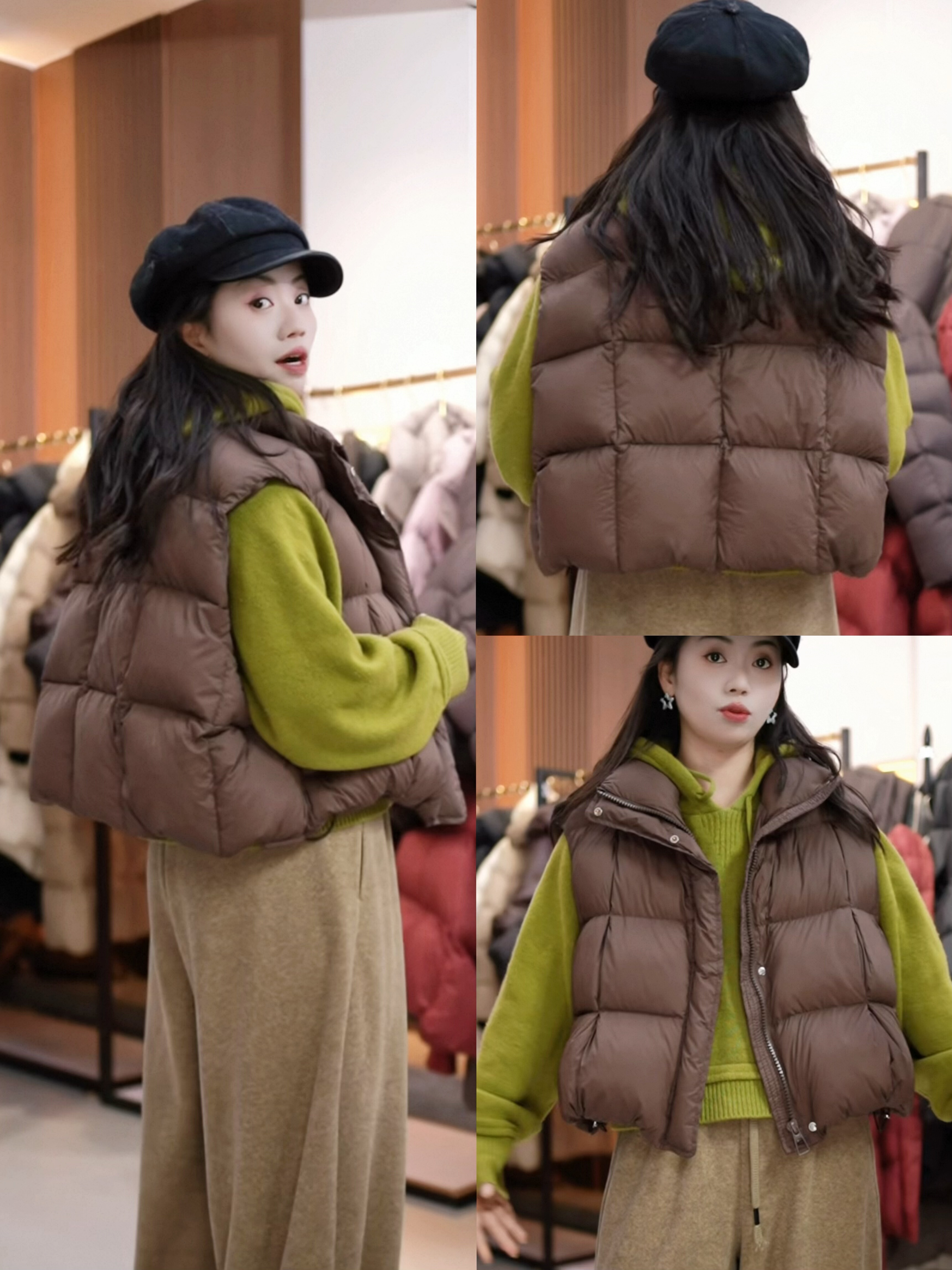 咖色豆腐块立领短款羽绒马甲女秋冬季2025新款高级感外