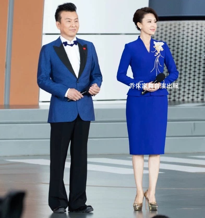 知性过膝西装连衣裙女主持人礼服年会表演服装春晚演出服缎面长裙