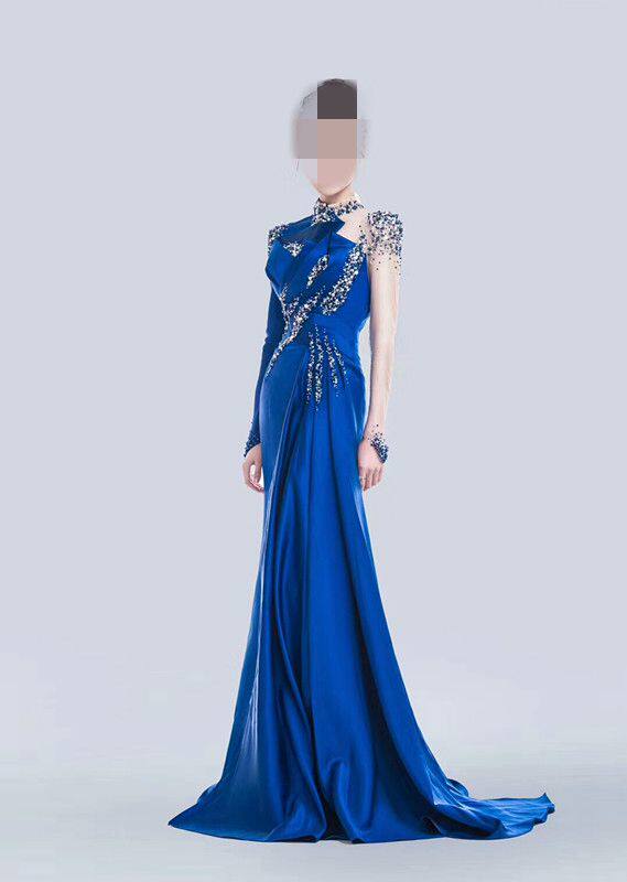 复古立领声乐考试礼服长款宝蓝色缎面独唱演出服舞台唱歌表演服装