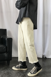 现货主推!2021春夏毛边牛仔九分裤男女修身小脚裤NB109P58图片