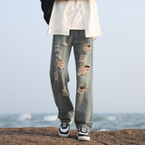 现货2024抖音品质破洞阔腿裤直筒宽松牛仔裤男女潮NB2420P55，男装牛仔裤，电商C303