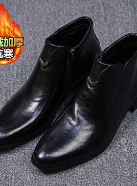 冬季男士小尖头休闲皮靴英伦风高帮侧拉链短靴真皮日常切尔西靴男
