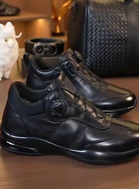 秋冬季新款皮鞋真皮时尚休闲运动鞋圆头车缝线潮款旋转扣舒适男鞋