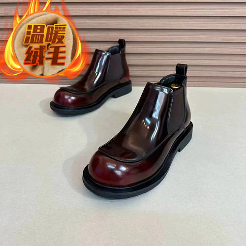 真皮酒红皮鞋男士休闲舒适高腰靴