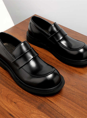 2026新款真皮乐福鞋男款亮面圆头百搭一脚蹬商务休闲大头皮鞋黑色
