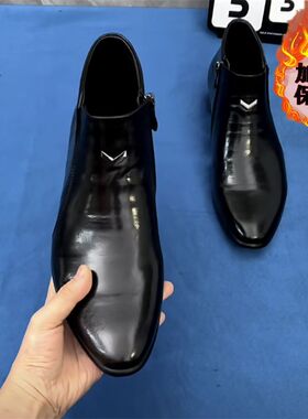 广州男士时尚英伦风切尔西靴一脚蹬加绒皮靴新款尖头高帮保暖皮鞋