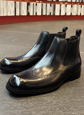 英伦方头切尔西靴男士商务正装高帮皮鞋手工雕花短靴真皮牛皮靴子