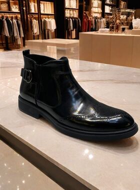 欧洲站牛皮男鞋切尔西2025年秋冬英伦时尚商务尖头布洛克短靴皮鞋