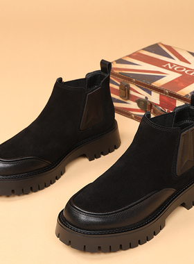 冬季新款加绒保暖软底男靴软皮拼接美式黑色短靴男士切尔西靴潮