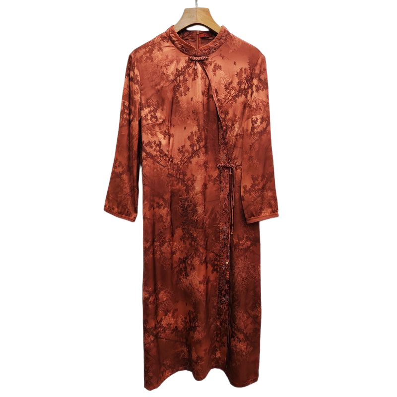 商场同款中国风立领缎面旗袍裙春秋红色提花礼服连衣裙42108-20