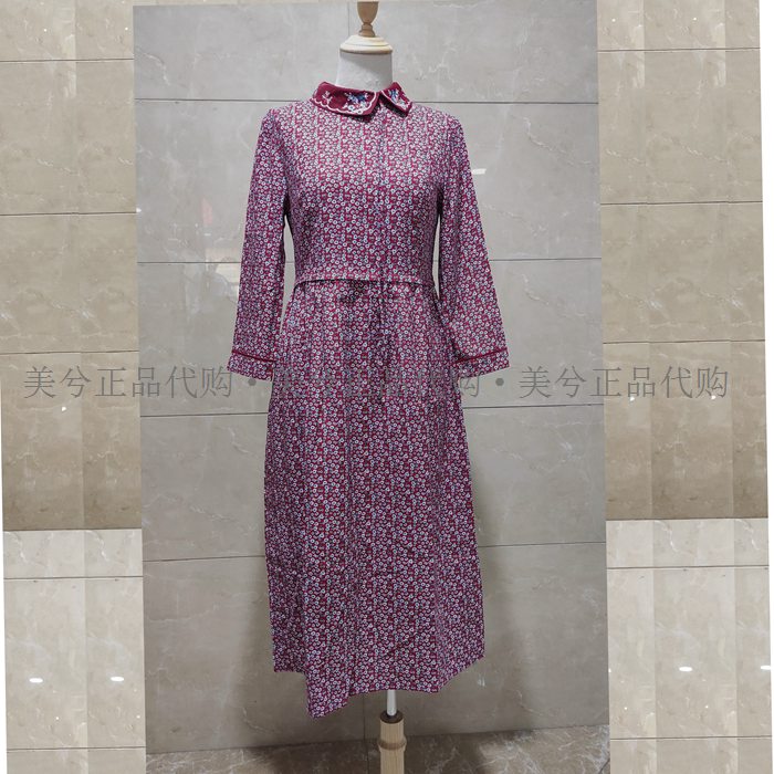 2021秋季新款纯棉花色连衣裙印花长袖印花收腰大摆民族风长裙305