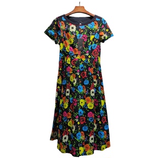 收腰大摆长裙X4511 连衣裙纯棉印花圆领短袖 商场同款 2025夏新款