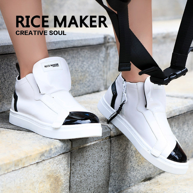 热米RICEMAKER正品牛皮漆皮中帮男女情侣拉链拼色拼接新潮鞋