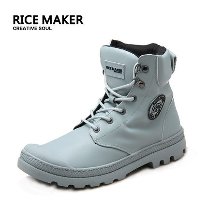 热米RICE MAKER新品时尚高帮鞋 系带头层牛皮新潮情侣鞋 学生靴